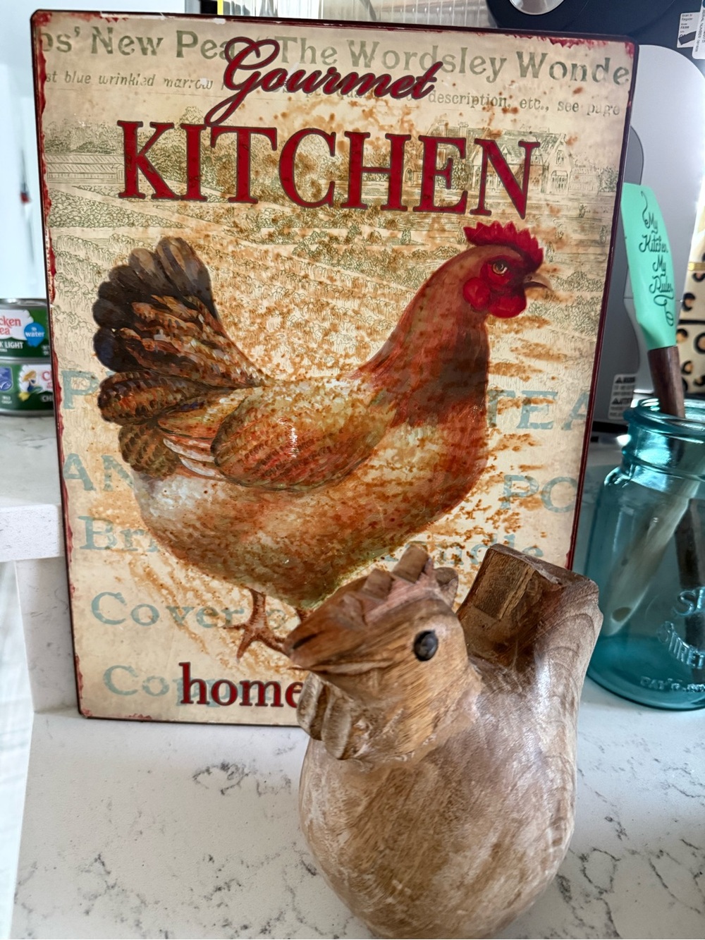 Bundle Gourmet Kitchen Hen metal sign and wooden hen- Rustic Red and Brown